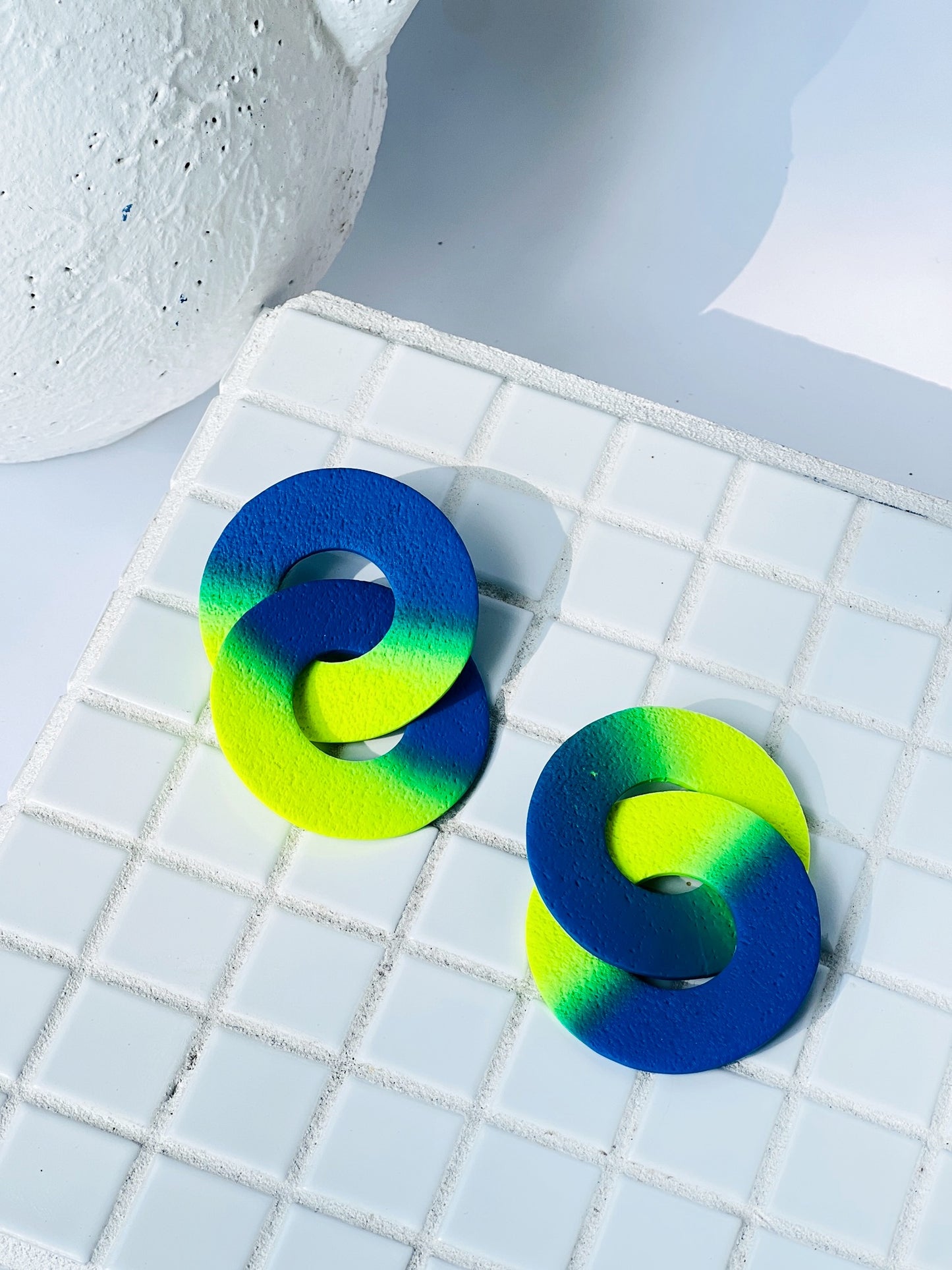 Circle Chains in Citron and Macaw Blue Ombre Polymer Clay