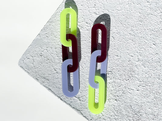 The Spano Earring in Frosted Lime, Burgundy, and Lavender Acrylic