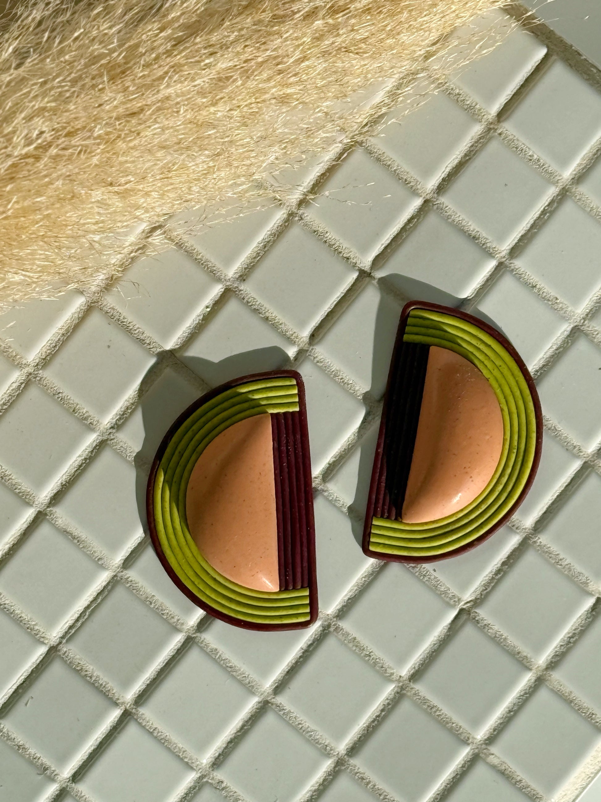 The Half Moon in Terracotta, Avocado, & Burgundy Polymer Clay