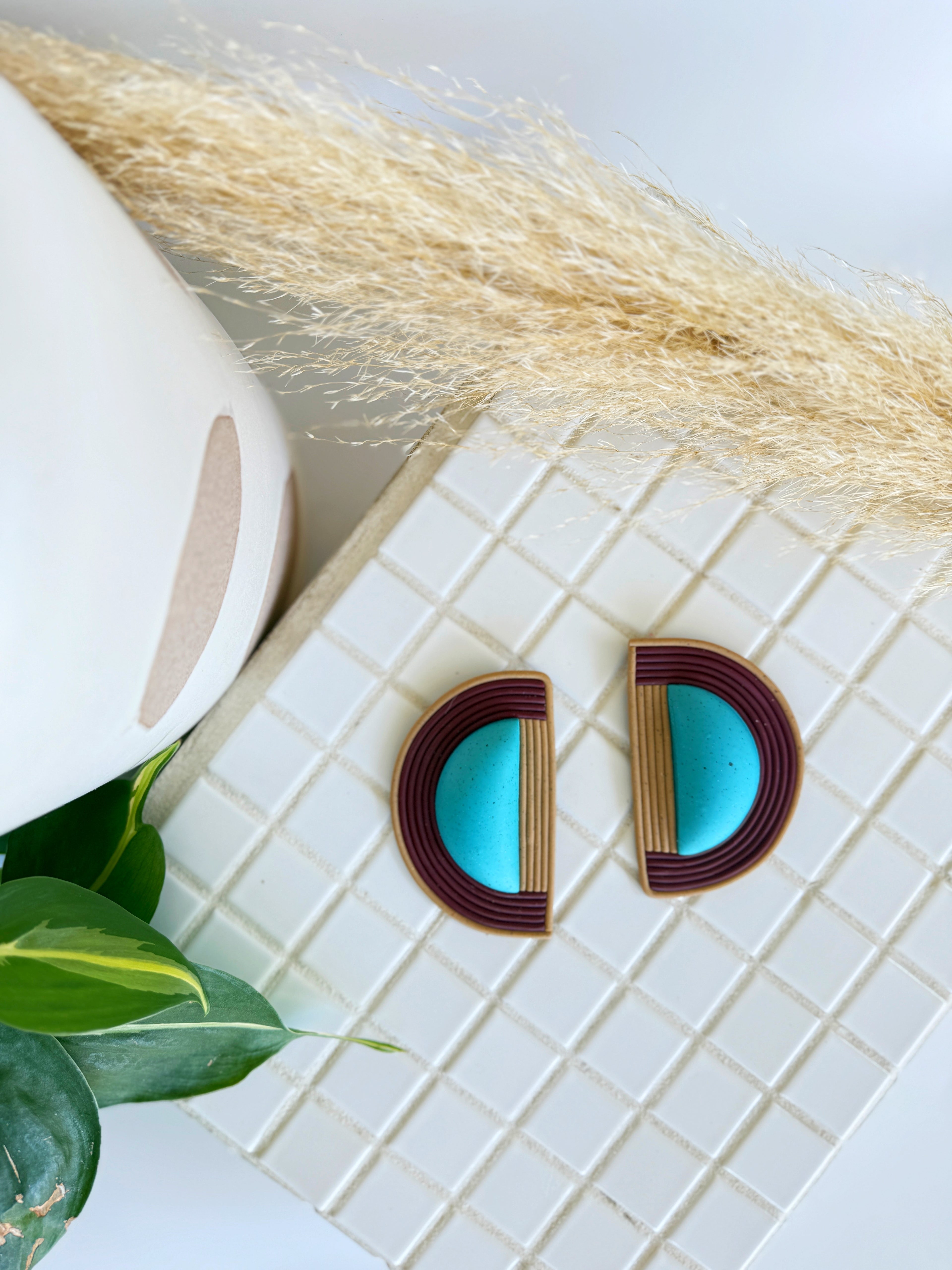 The Half Moon in Turquoise, Burgundy, & Tan