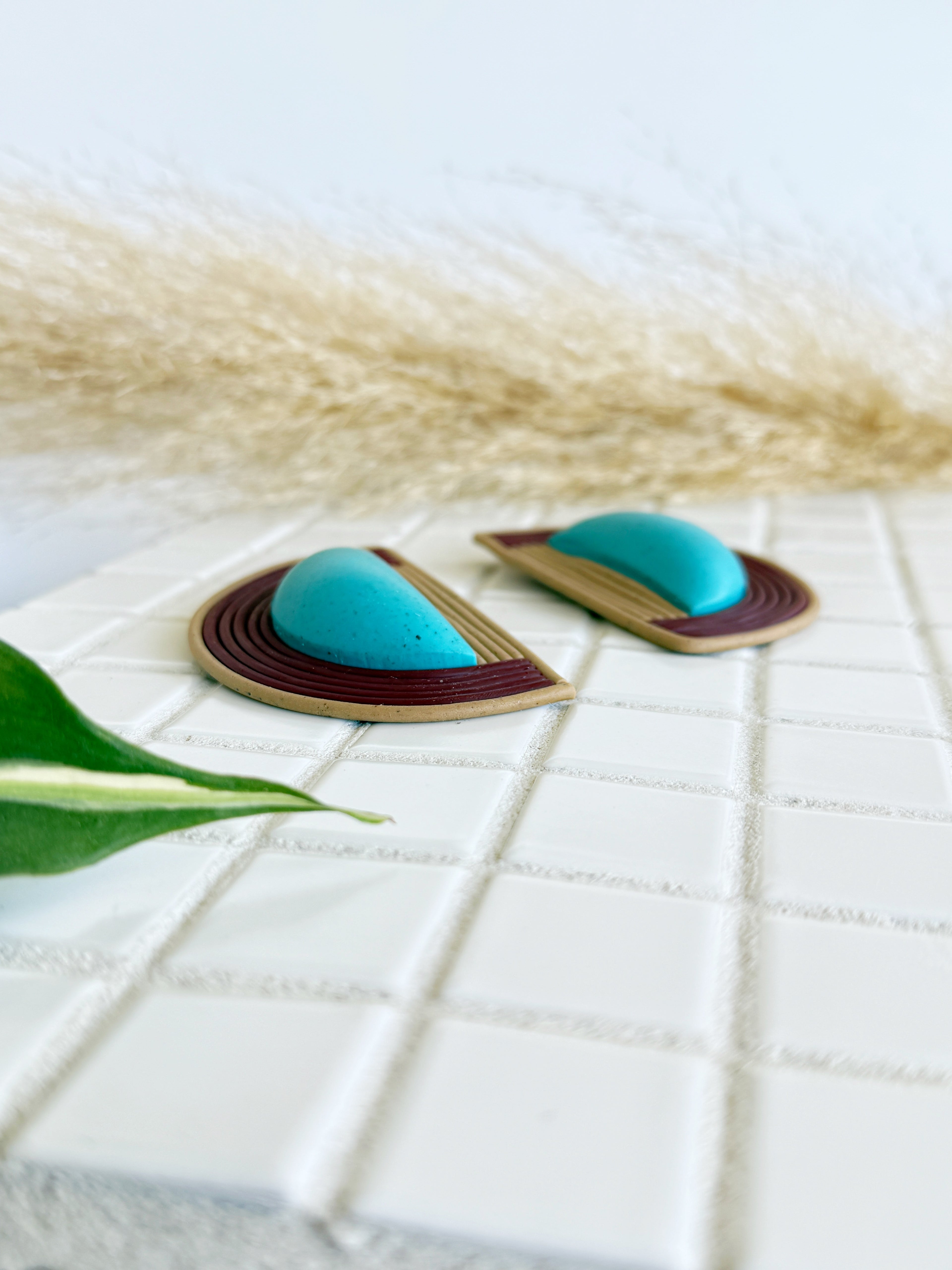 The Half Moon in Turquoise, Burgundy, & Tan