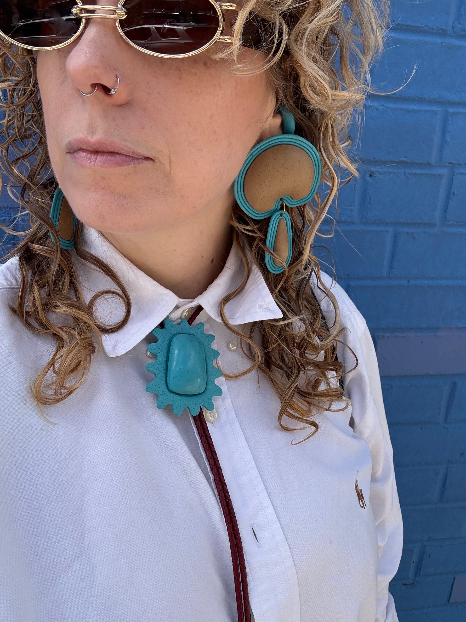 The Squiggle Frame BOLO TIE  in Sky Blue Granite Polymer Clay