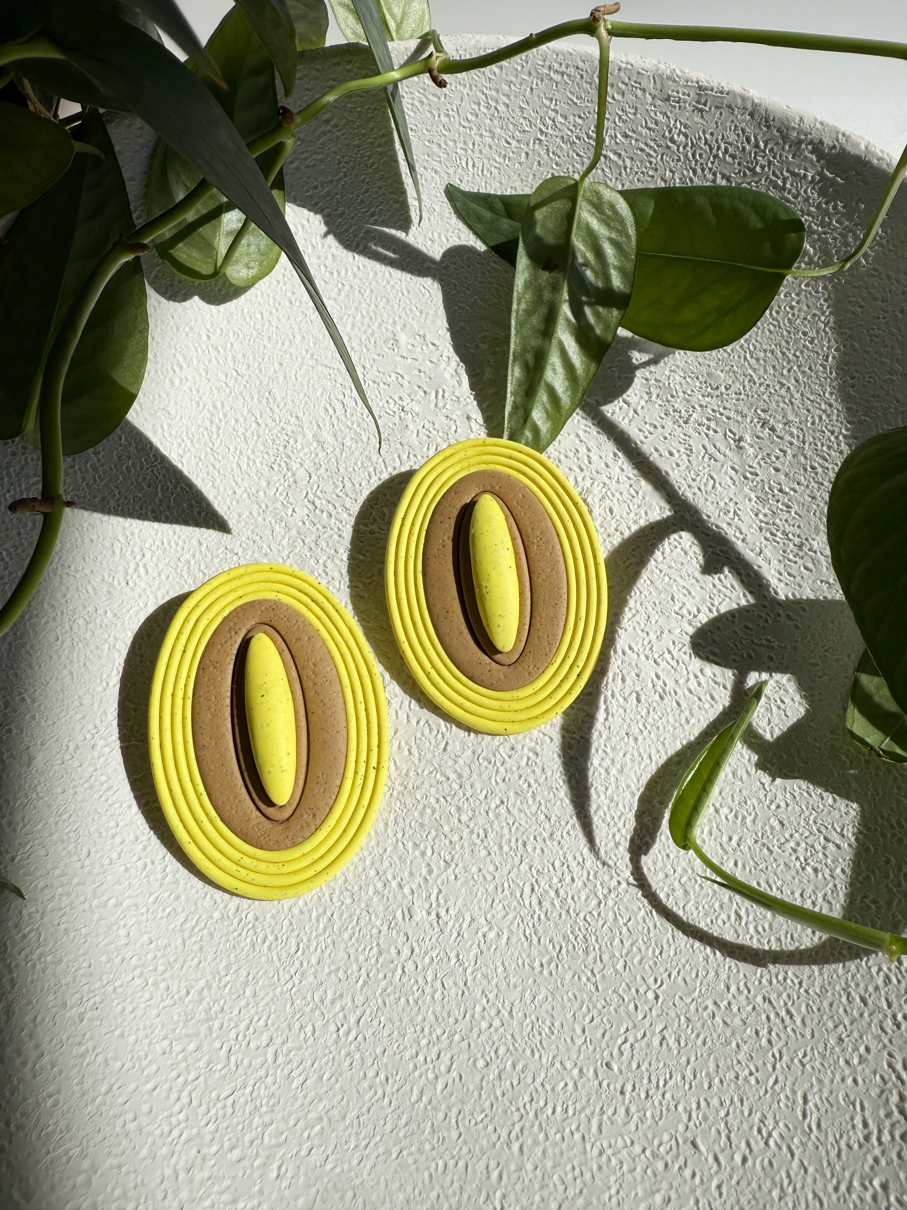 The Cat Eye Earring in Sunny Yellow & Tan Granite Polymer Clay