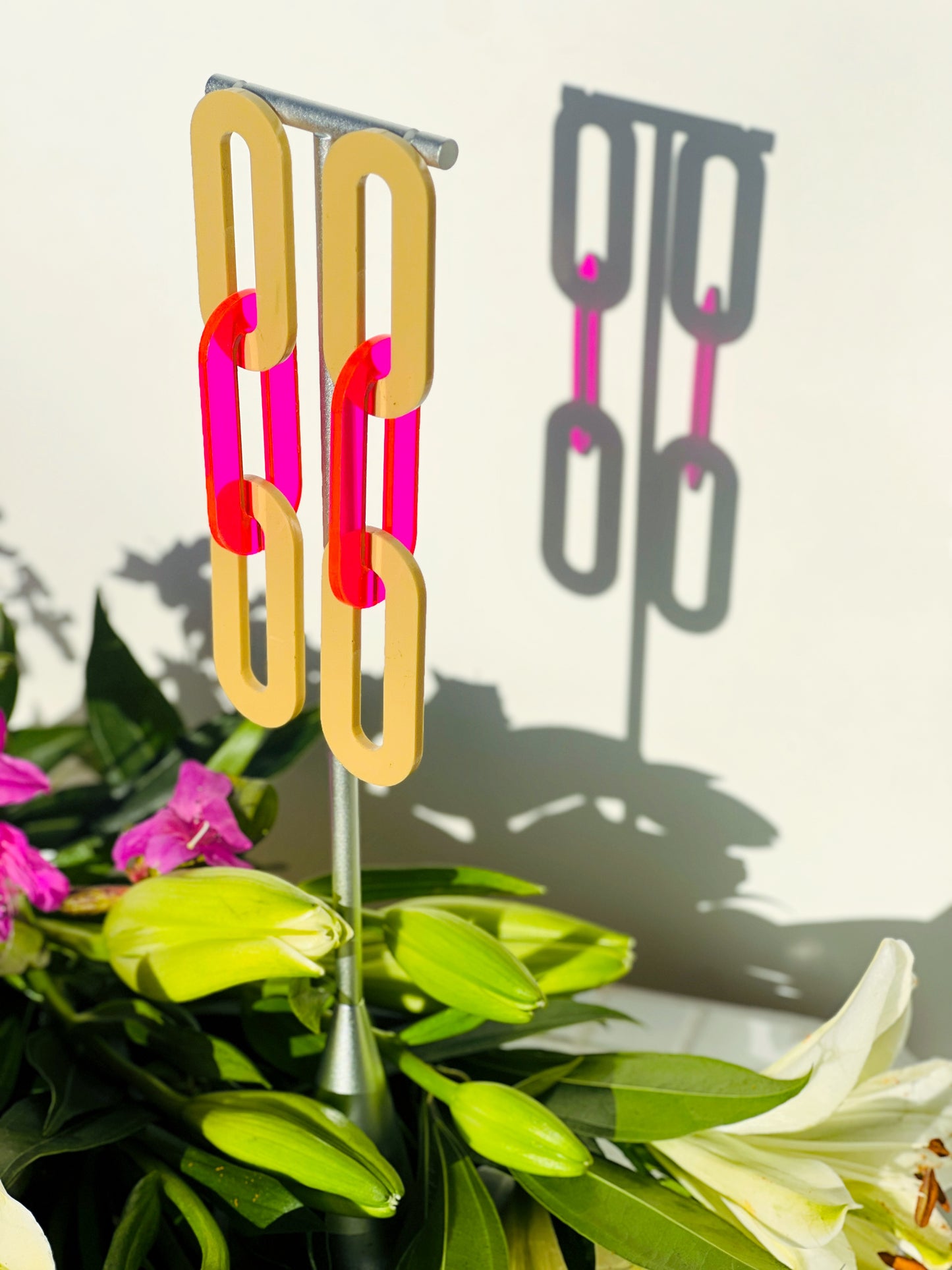 The Spano Earring in Tan & Neon Pink Acrylic