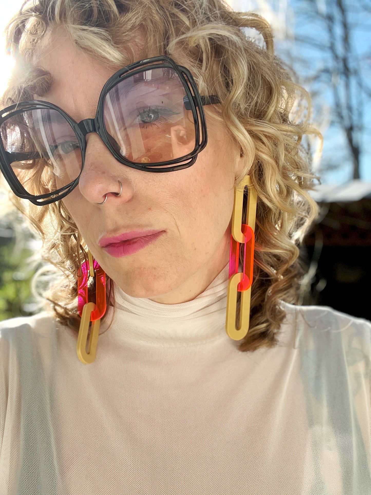 The Spano Earring in Tan & Neon Pink Acrylic